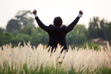 success businessman rise hand sign in reeds grass field background