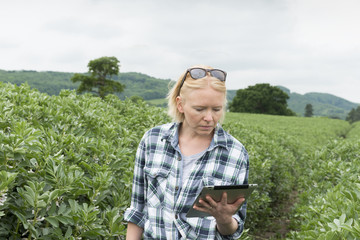 Woman Glancing on Her Tablet Screen with Foliage in Background