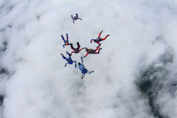 A group of skydivers is flying above the white clouds