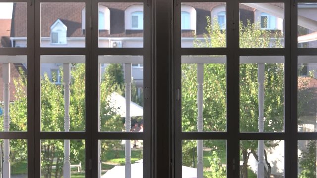 Window frames indoor. Building and summer nature. Office for rent.