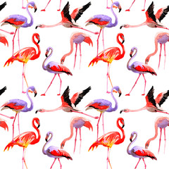 Sky bird flamingo pattern in a wildlife by watercolor style. Wild freedom, bird with a flying wings. Aquarelle bird for background, texture, pattern, frame, border or tattoo.