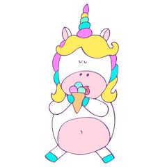 Hand drawn colorful unicorn eating ice cream