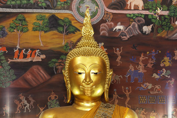 golden buddha statue with tradition thai painting