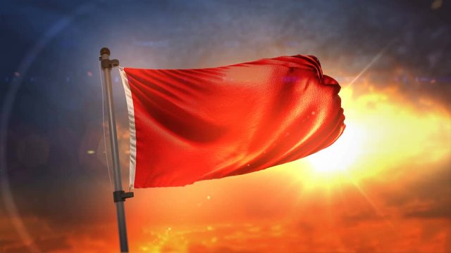 Red Flag Backlit At Beautiful Sunrise Loop Slow Motion 3D Rendering 4K
