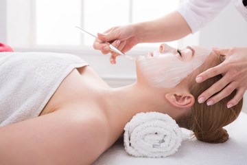 Obraz na płótnie Canvas Woman gets face mask by beautician at spa