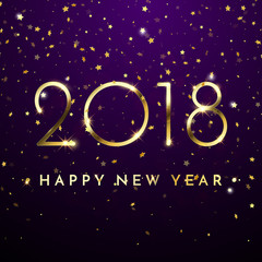 Gold glitter 2018 Happy New Year text on black sparkling background