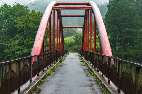 Beautiful Red Bridge In Rural Japan