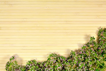 Food background of herb thyme on wooden background
