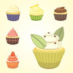 Set of cute vector cupcakes and muffins. Colorful cupcake isolated for food poster design.