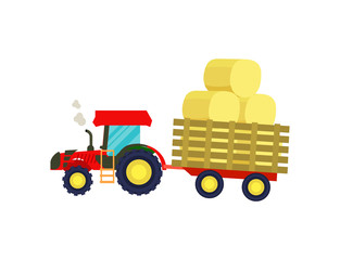 Tractor with balls of hay on trailer icon. Rural industrial farm equipment machinery, agricultural vehicle isolated vector illustration in flat design.