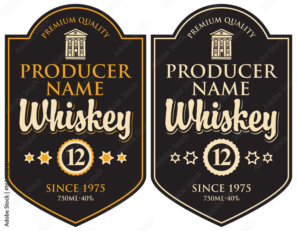 Aufkleber vector set of two labels for whiskey in the curly frame with old building and inscription in retro s