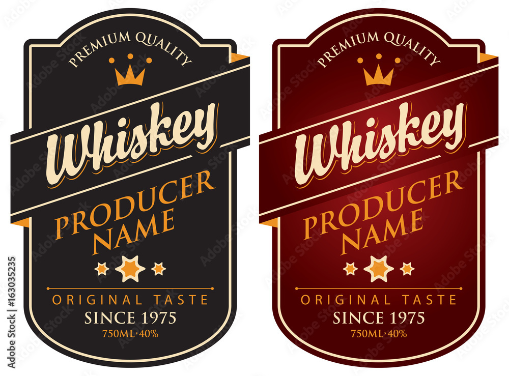 Poster vector set of two labels for whiskey in the curly frame with crown and inscription on dark backgroun