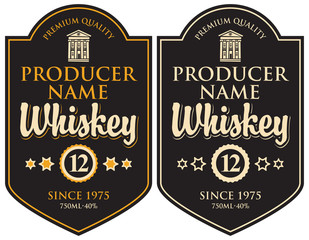 Vector set of two labels for whiskey in the curly frame with old building and inscription in retro style on black background