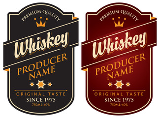 Vector set of two labels for whiskey in the curly frame with crown and inscription on dark background in retro style