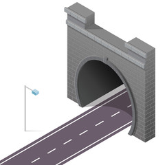 Vector low poly stone tunnel in isometric 3d perspective with asphalt road. Old stone gray circular tunnel with street light. Isolated highway on white background.