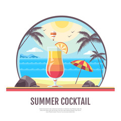 Flat style design of summer beach landscape with cocktail