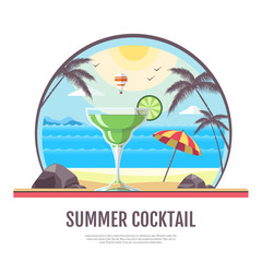 Flat style design of summer beach landscape with cocktail