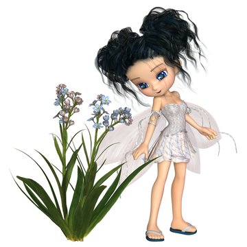 Cute Toon Black-Haired Forget-Me-Not Fairy - fantasy illustration