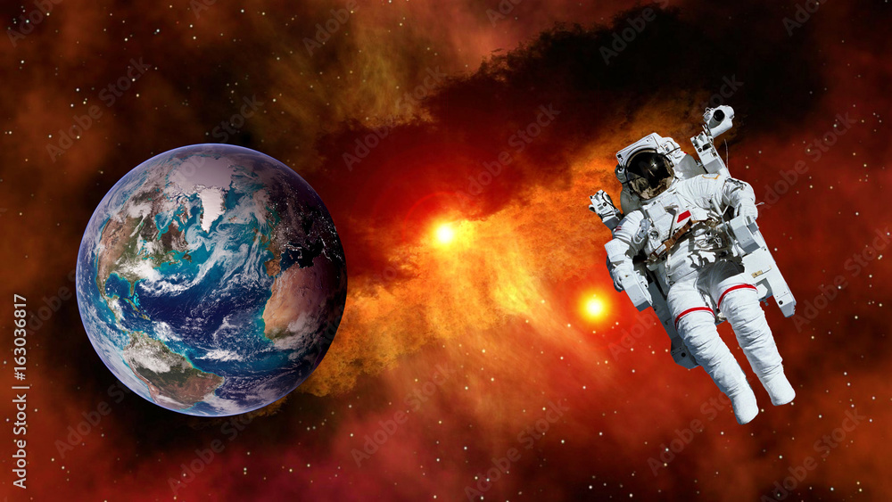 Sticker astronaut planet earth spaceman suit outer space gravity galaxy floating universe explosion. element