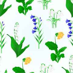 Fototapeta na wymiar Seamless texture spring flowers lily of the valley ,snowdrops,bluebell campanula and primrose vintage vector botanical illustration editable hand draw