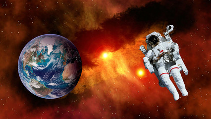 Astronaut planet Earth spaceman suit outer space gravity galaxy floating universe explosion. Elements of this image furnished by NASA.