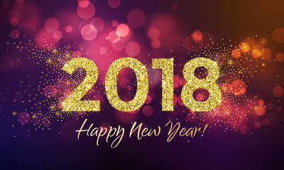 2018 Happy New Year Background texture with glitter fireworks. Vector gold glittering text and numbers. - obrazy, fototapety, plakaty