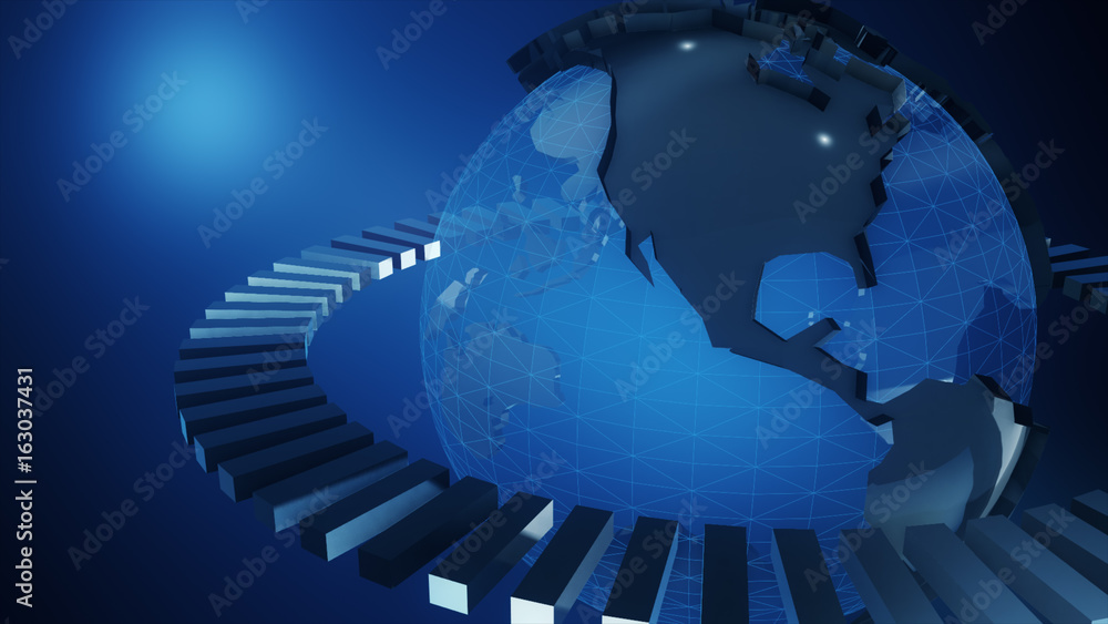 Poster blue earth technology, business and communications background. earth globe rotating with plexus part