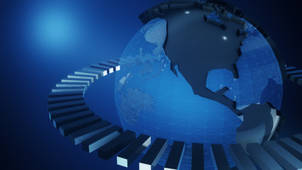 Blue earth technology, business and communications background. Earth globe rotating with plexus particles around. Room for your text and logo. 3d illustration