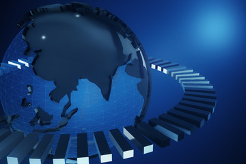 Blue earth technology, business and communications background. Earth globe rotating with plexus particles around. Room for your text and logo. 3d illustration