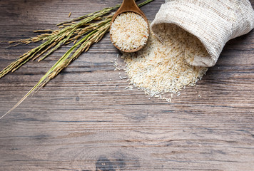 Fresh rice on wood table background / Image Selective focus,copy space 