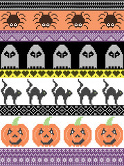 Scandinavian cross stitch and traditional American holiday  inspired seamless Halloween pattern with cat, spider, ghost, heart,  pumpkin and decorative ornaments in purple, orange, black, yellow