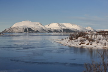 View of Roksoyfjorden+Litleoya-island (right). Gavltinden+Brynlitinden+Disken+Hogtinden mountains background. Hinnoya+Andoya islands-Vesteralen-Norway. 0028