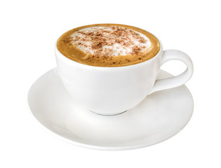 Hot coffee cappuccino in ceramic cup isolated on white background, clipping path included