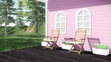 3d render from imagine vintage house terrace pink house