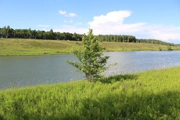 beauty in Nature, blue sky, day, Field, Grass, Green, Green color, Growth, landscape, mountain, Nature, no people, outdoors, Russia, scenics, sky, tranquil, scene, Tranquility, Tree, vegetation, water