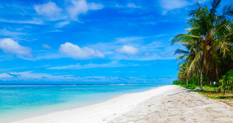 Panorama view of beautiful tropical beach with turquoise sea and blue sky