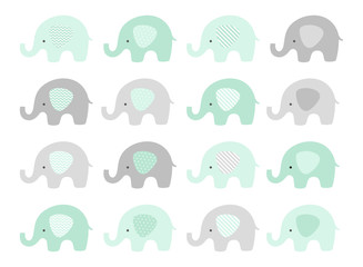 Cute elephant vector set in shades of mint and gray. Baby boy.