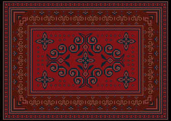 Vintage carpet with ethnic ornaments in red and burgundy shades
