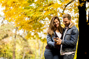 Couple watching a smart phone and standing in autumn park