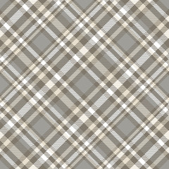 Seamless tartan plaid pattern. Checkered fabric texture print in gray, taupe, beige and white.