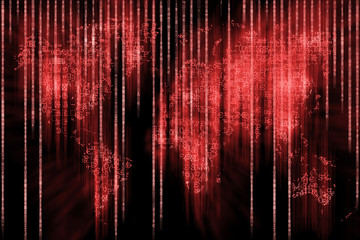 Red world map made from random characters and numbers. Hacking terrorism background concept