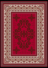 Vintage carpet with ethnic ornaments on the red in the mid and light pink on the sides