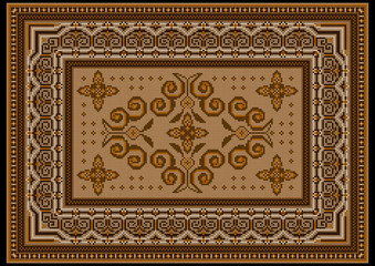 Vintage carpet with ethnic ornaments in brown,orange and beige shades
