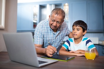 Man writing on tablet while using laptop with grandson
