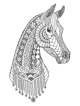 Arabian horse zentangle stylized, vector, illustration, freehand pencil, pattern. Zen art. Black and white illustration on white background. Adult anti-stress coloring book.