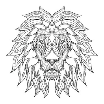 Lion head zentangle, doodle stylized, vector, illustration, hand drawn, pattern. Zen art. Black and white illustration on white background. Line art.