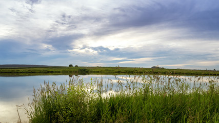 вечерний летний пейзаж на берегу уральской реки с травой, Россия, июль