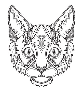 Cat head zentangle, doodle stylized, vector, illustration, hand drawn, pattern. Zen art. Ornate vector. Black and white illustration on white background.