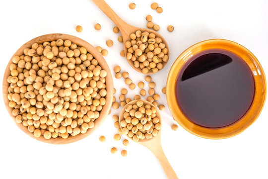 Soy sauce, Soya and soybean isolated on a white background