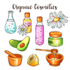 Organic cosmetics illustration. Beauty set. Hand drawn spa and aromatherapy elements. Cartoon vector sketch of natural cosmetic. Herbal serum and oil